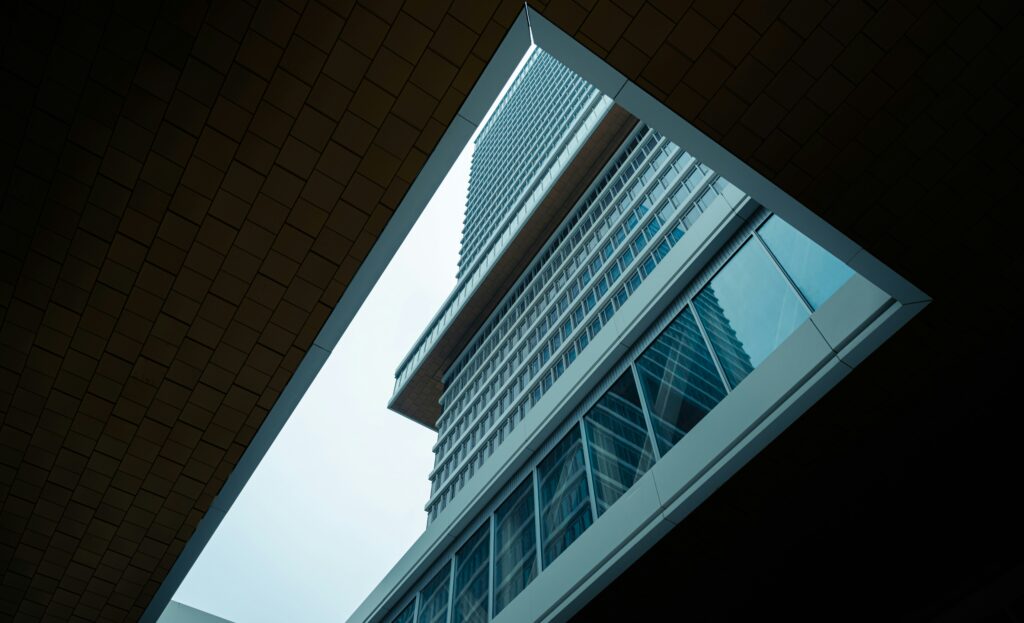 Artistic shote of a high rise building playing of angles and light